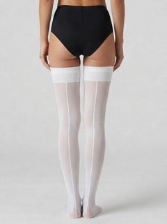 White Dreamgirl Women's Sheer Thigh-High Stockings With Plain Top And Back Seam