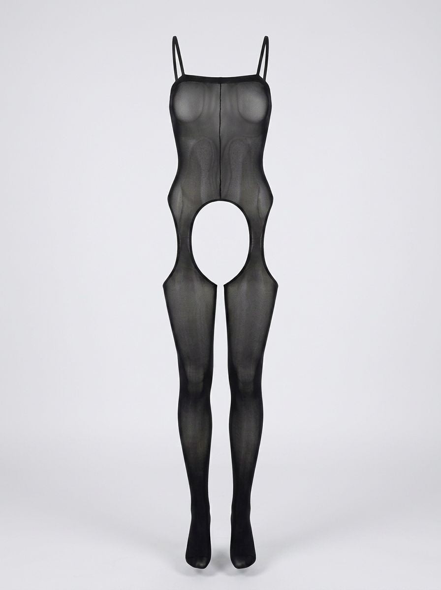 Leg Avenue crotchless sheer bodystocking with suspender details, featuring delicate fabric and intricate design on a model.