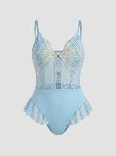 Luxury Blue Lace Butterfly Bodysuit with Deep V-Neck and Ruffled Trim