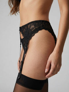 Chic styling of the Narrow Lace Suspender Belt in black, highlighting adjustable fasteners and premium material for ultimate sophistication and support.
