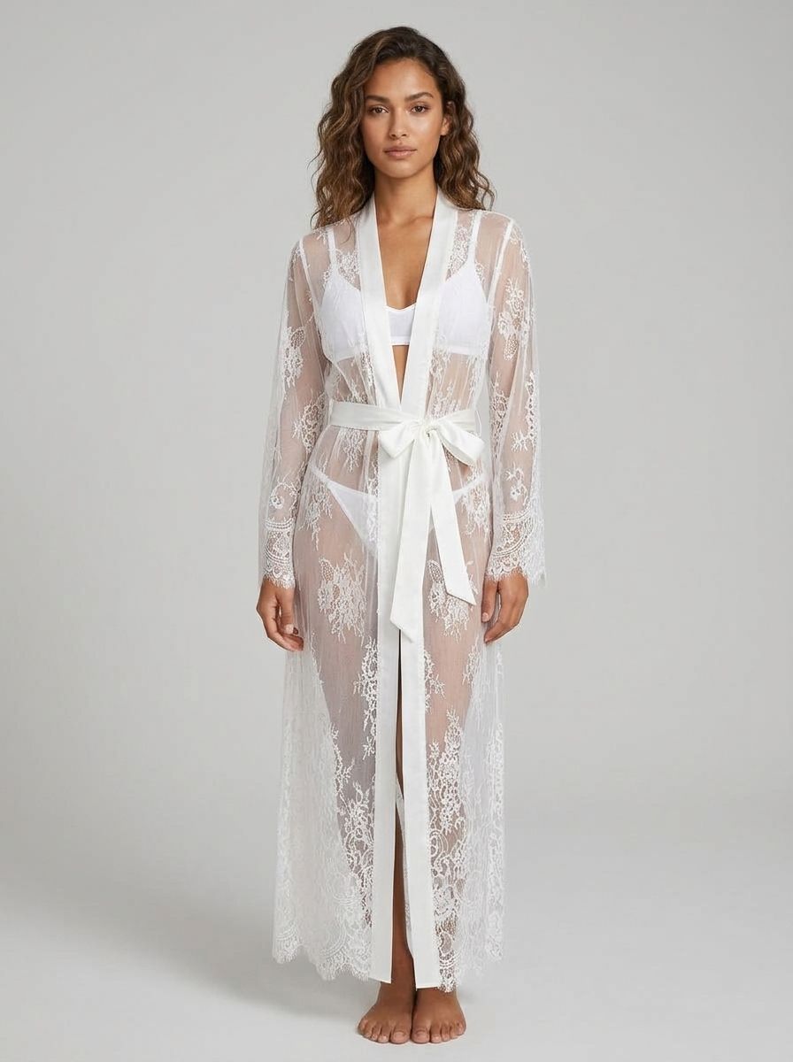 Scandals Lingerie luxurious lace satin mesh nightgown with belt, elegant sleepwear for special occasions, featuring delicate lace and satin fabric.