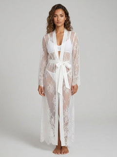 Luxurious Lace Satin Mesh Nightgown With Belt - Elegant Sleepwear For Special Occasions