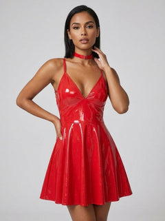 Sexy Deep V-Neck Wet Look Faux Leather Suspender Nightdress
