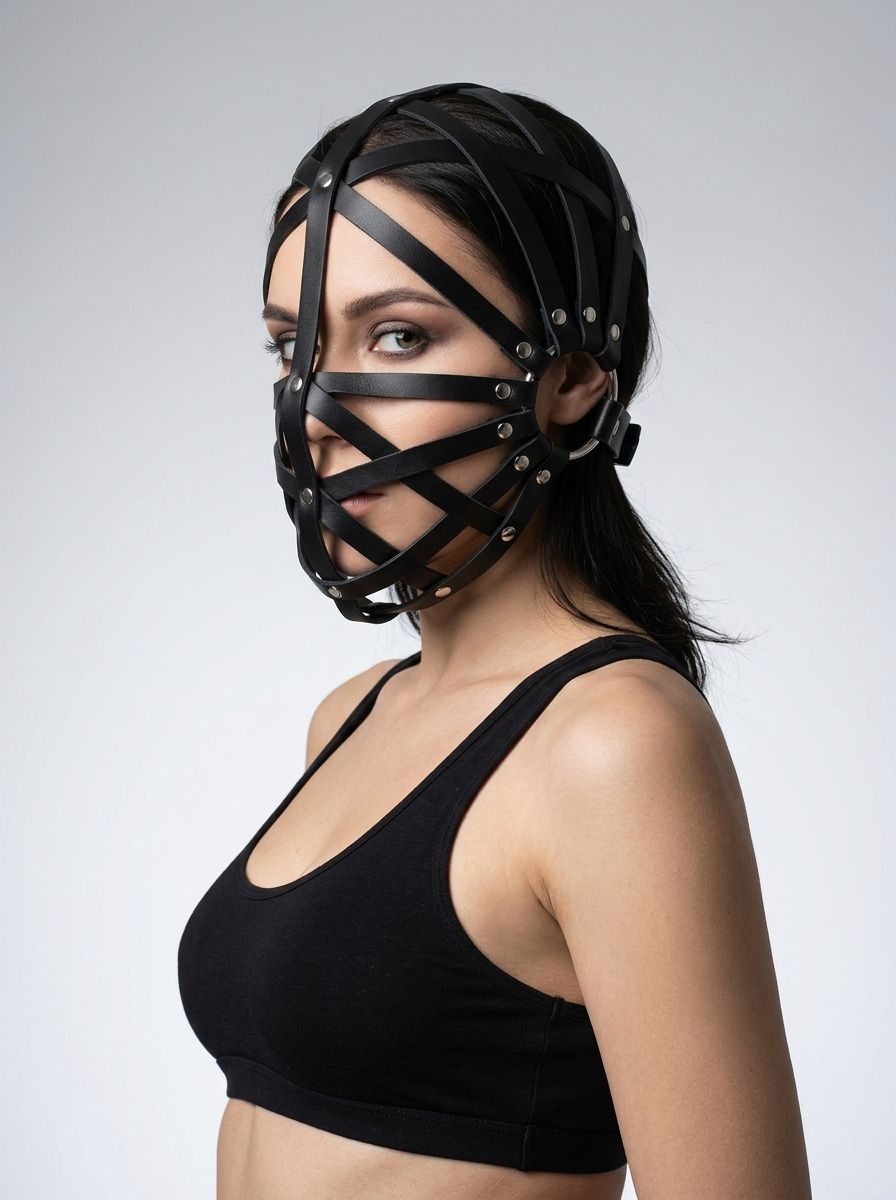 Black faux PU leather fetish hood mask from Scandals, with web design, covering the head and face for bondage and role-play.