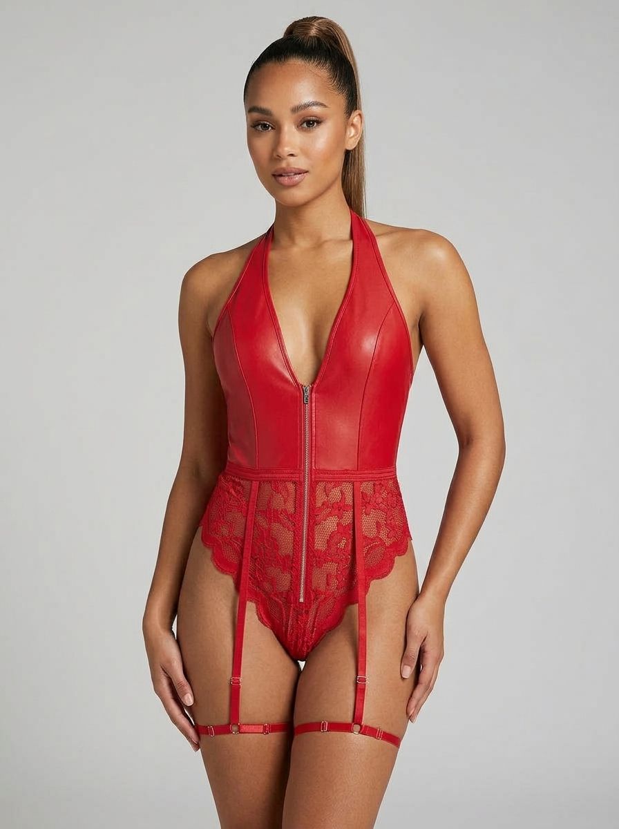 Sexy PU Leather Lace Zippered Halter Bodysuit