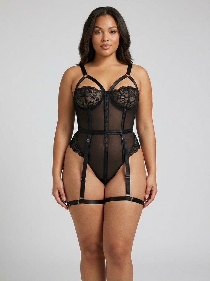 Demi Cup Bust One Piece Teddy with Snap Crotch & Leg Garters by Scandals