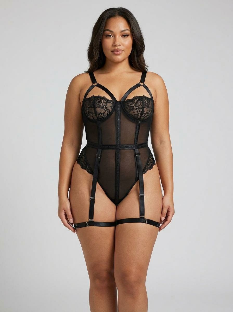 Demi Cup Bust One Piece Teddy with Snap Crotch & Leg Garters by Scandals