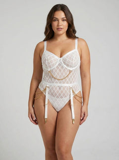 Geometric Teddy with Mesh and Chain - Bodysuit and Garter Belt by Scandals