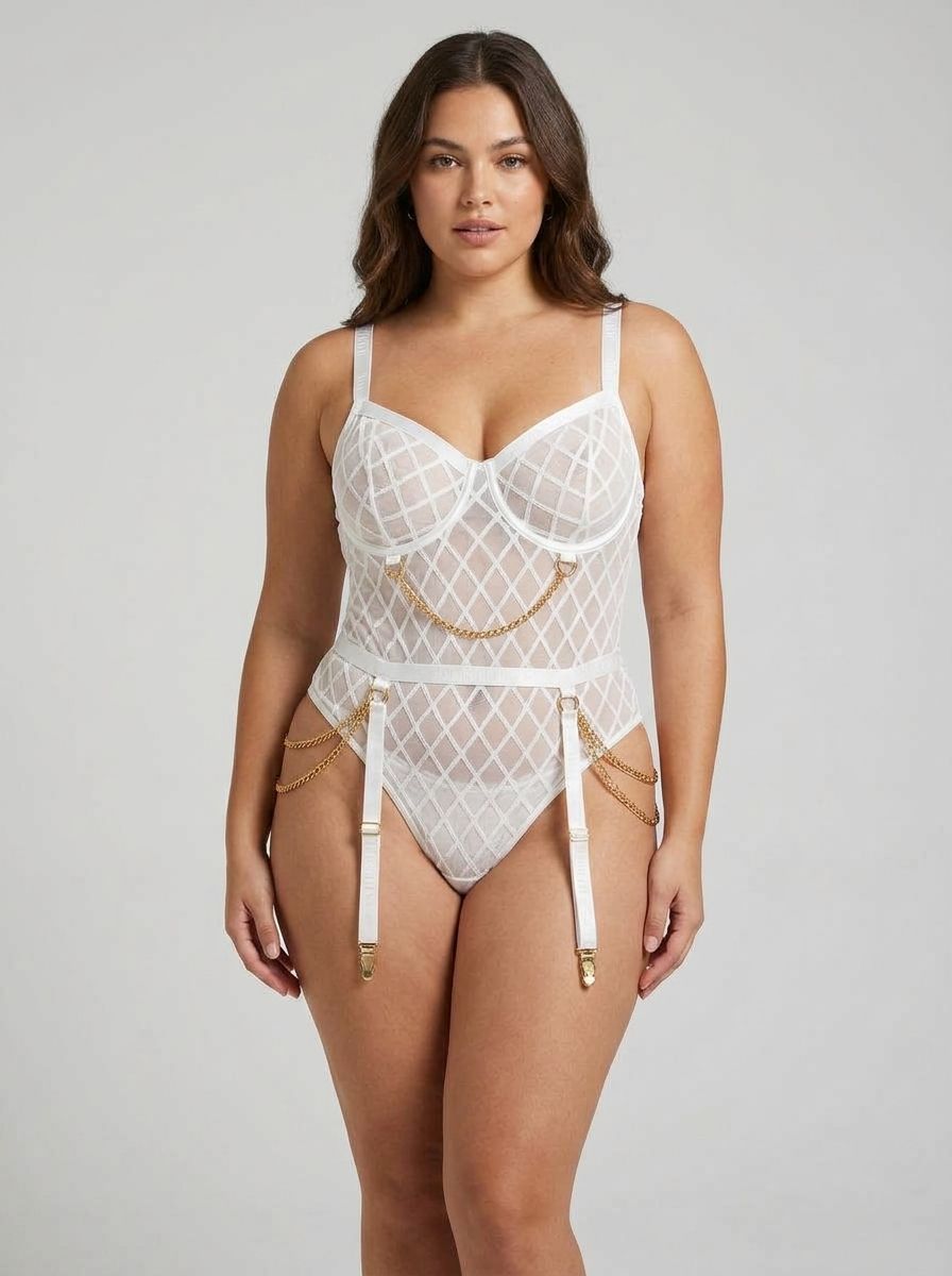 Geometric Teddy with Mesh and Chain - Bodysuit and Garter Belt by Scandals