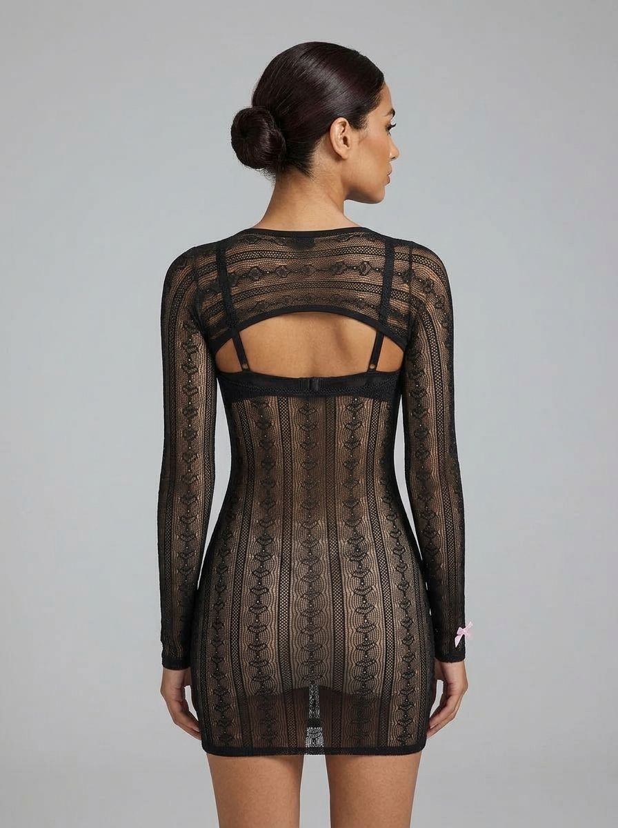 Sexy long-sleeved hollow-out bow bodystocking by Scandals Lingerie, featuring intricate lace details and a fitted design.