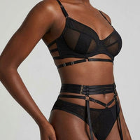 Black Scandals Lingerie mesh underwire garter set with adjustable garters, featuring intricate lace details and supportive underwire.