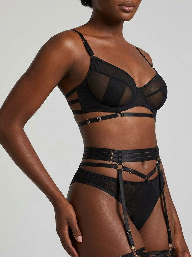 Black Scandals Lingerie mesh underwire garter set with adjustable garters, featuring intricate lace details and supportive underwire.
