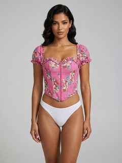 Pink Sexy Puff Sleeves Printed Palace Style Corset 8 Pieces Plastic Bones