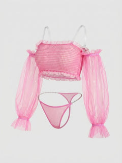 Pink See Through Mesh Metal Chain Long Sleeve Lingerie Set by Scandals