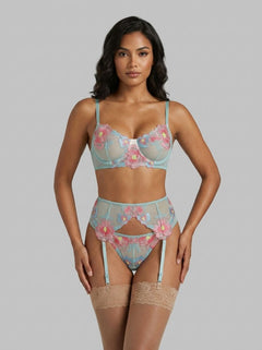Blue Mesh Embossed Floral Bra Set with Garter Belt
