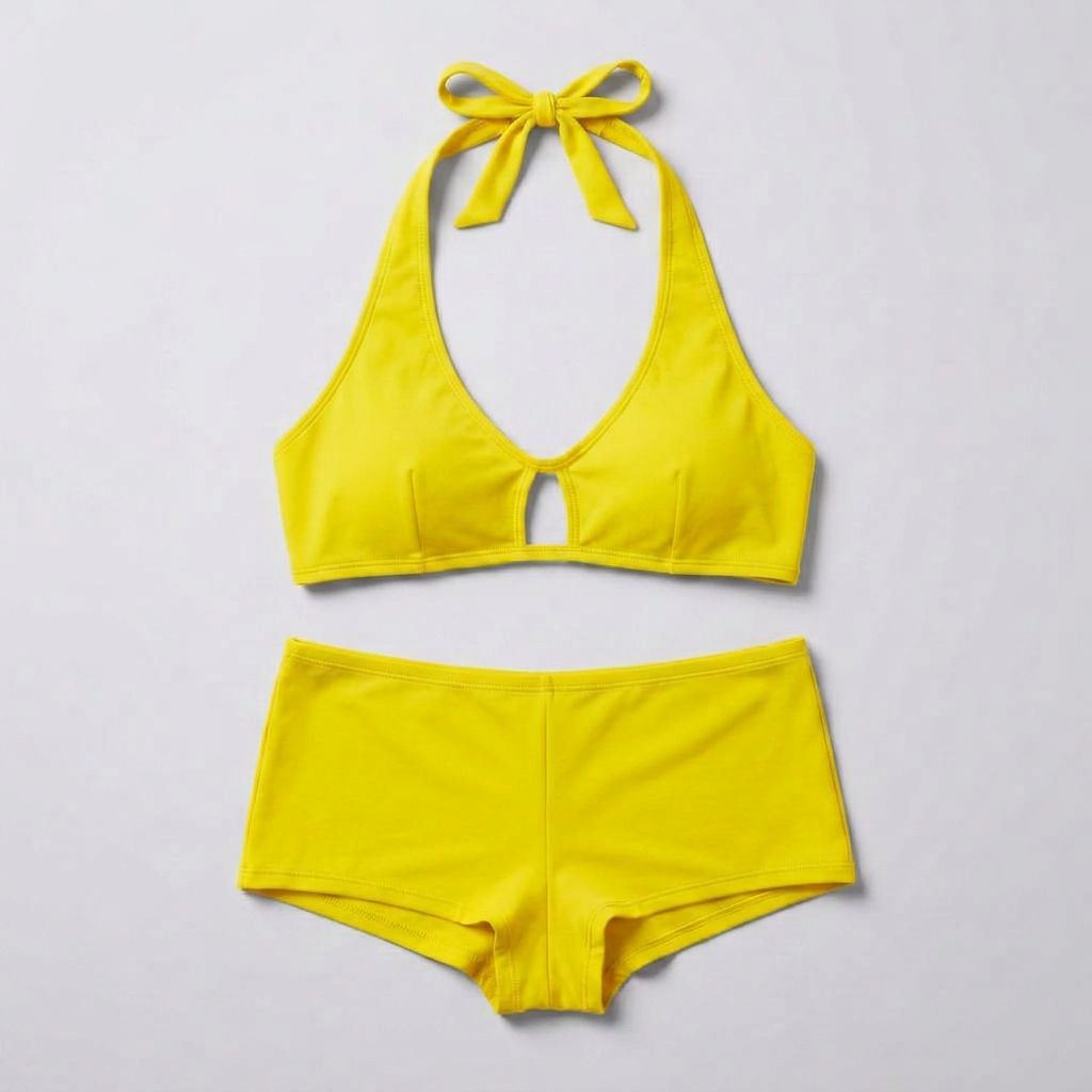 Plus size Foxxxy lingerie set with vibrant halterneck bralette and high-waisted shorts in assorted colors, displayed on a model.