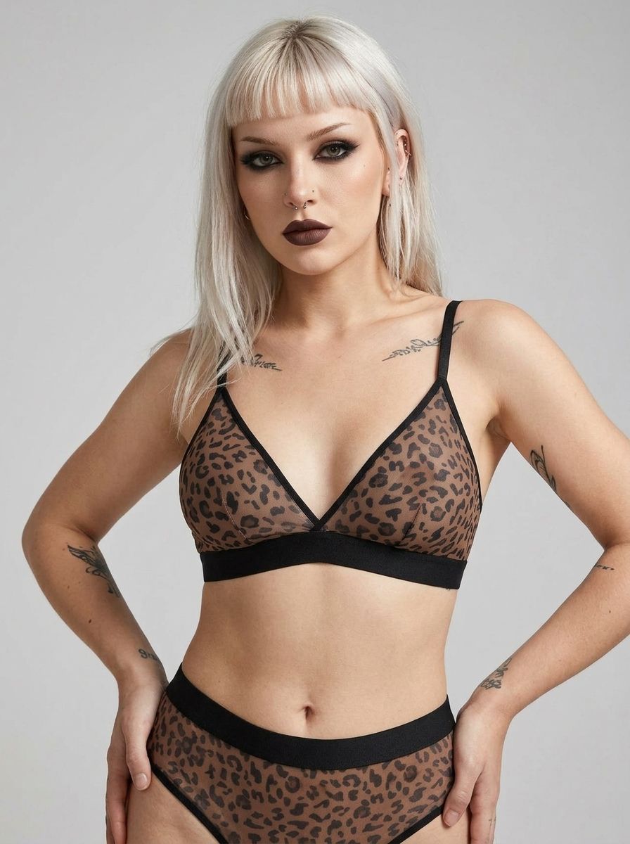Scandals Lingerie leopard print mesh bra and matching panty set, elegant and seductive lingerie ensemble.
