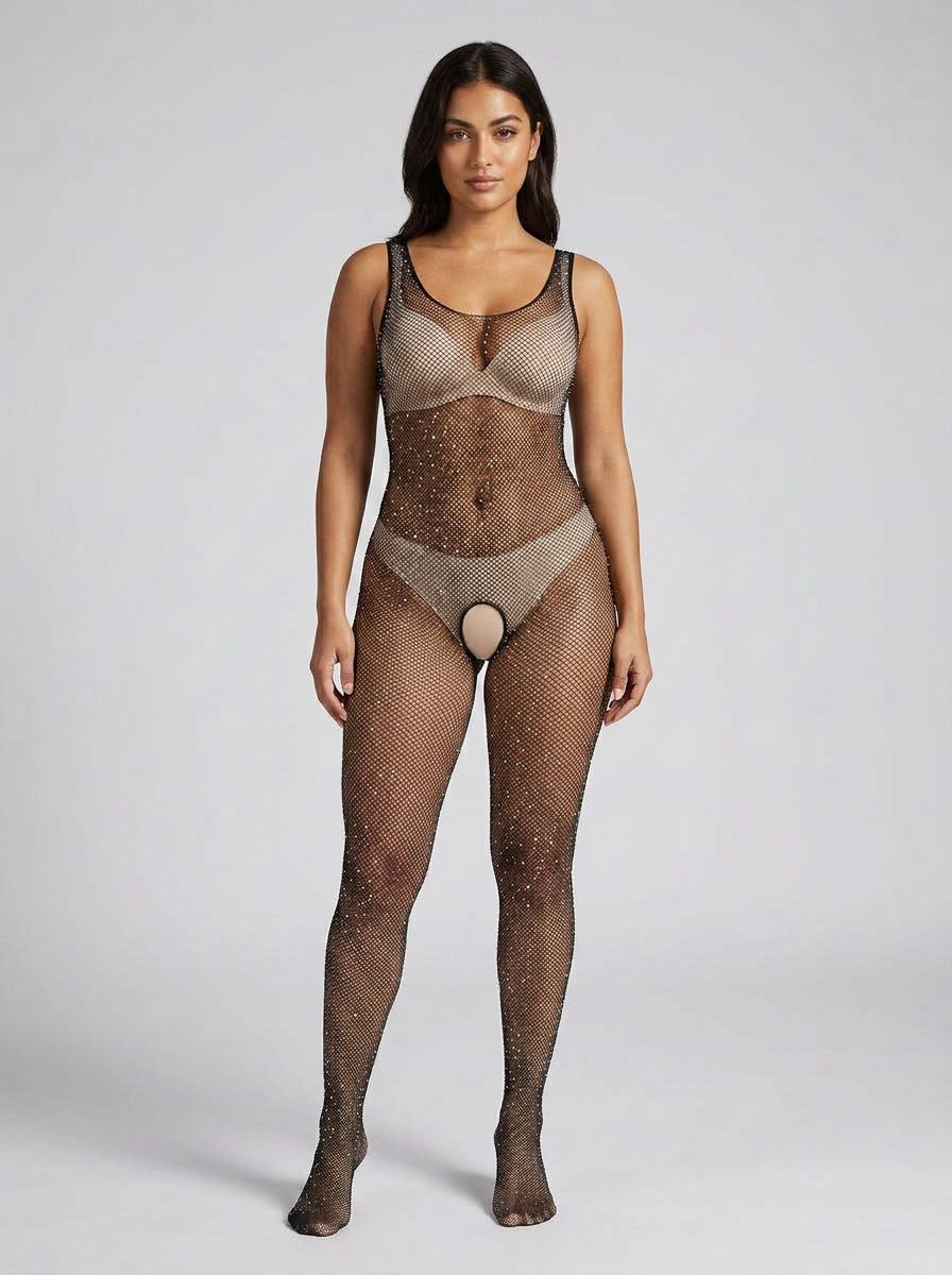 Black Lace and Rhinestone Fishnet Crotchless Bodystocking by Loving Joy, featuring intricate lace patterns and sparkling rhinestones.