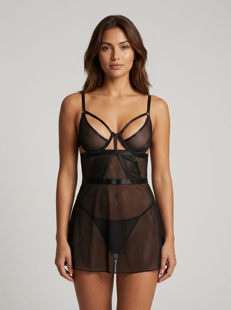 Rene Rofe New In Town chemise and G-string set, black lace babydoll lingerie with satin ribbons, delicate and stylish for intimate wear.