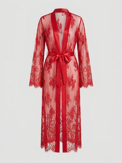 Luxurious Lace Satin Mesh Nightgown With Belt - Elegant Sleepwear For Special Occasions