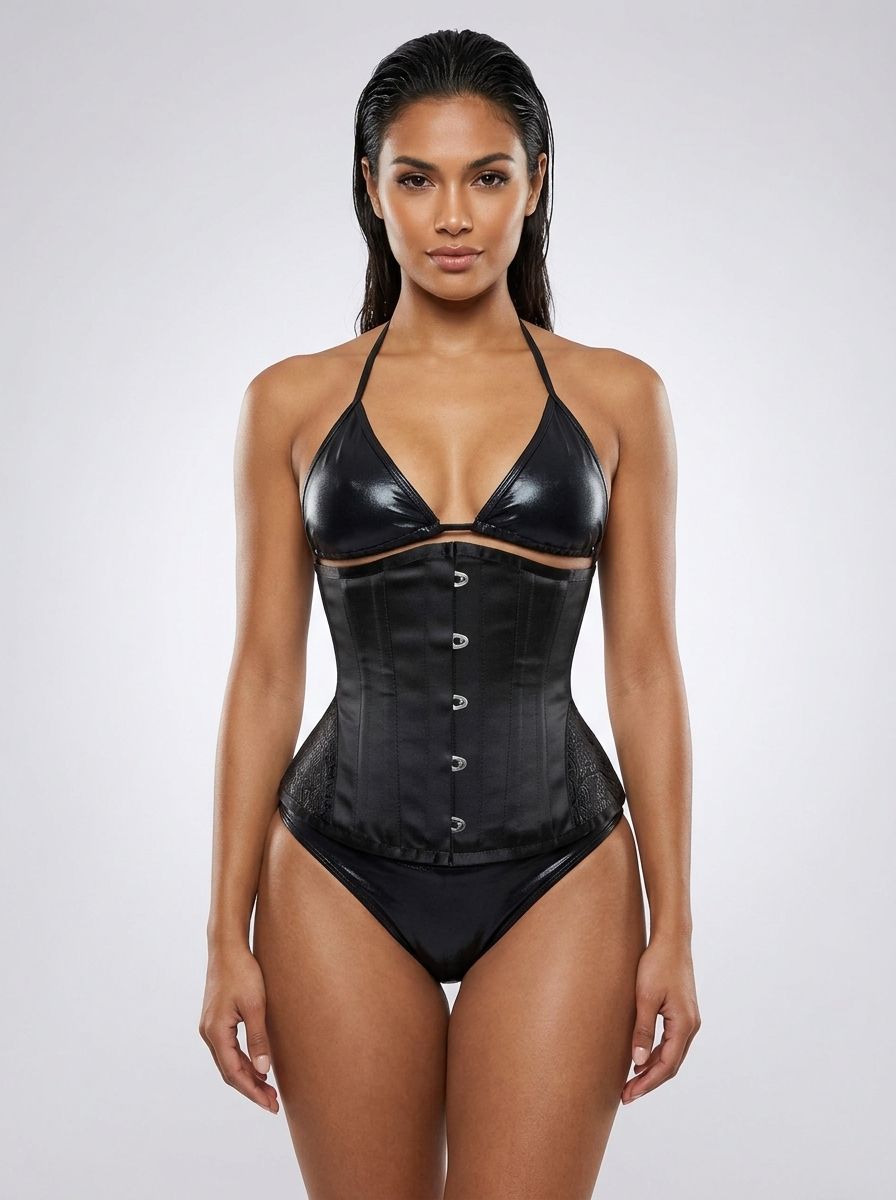 Under bust waist corset by Scandals Lingerie featuring lace details and steel boning for shaping and support.