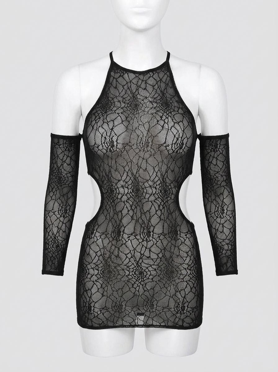 Long Sleeve Cold Shoulder Mesh Chemise Dress
