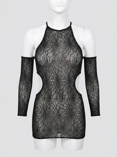 Long Sleeve Cold Shoulder Mesh Chemise Dress