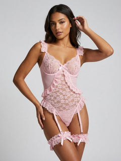 Pink Sexy Jacquard Lace Mesh Crotchless Bodysuit With Garter