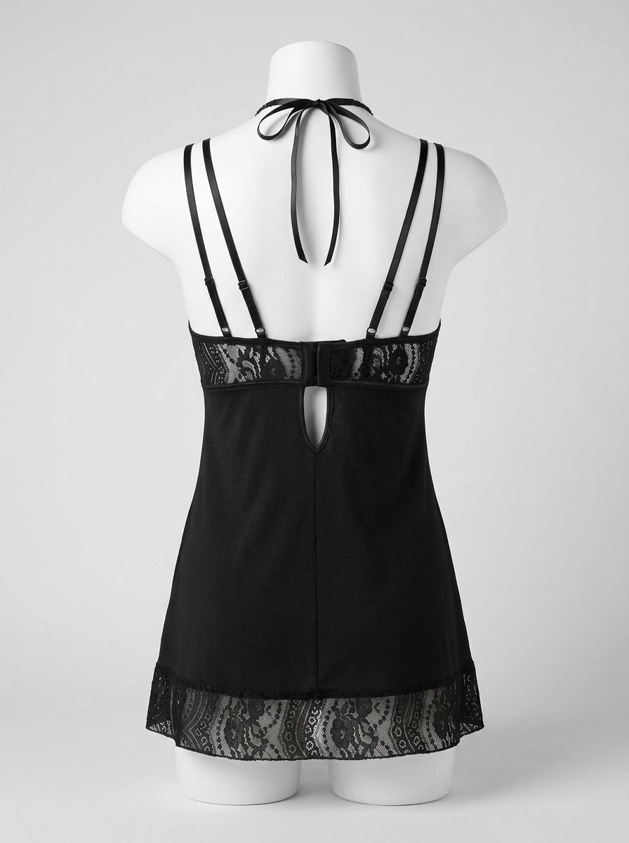 Black halter babydoll lingerie from iCollection with flyaway design, featuring delicate lace details and a flattering fit.
