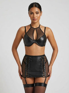 Black Faux PU Leather Mesh Garter Belt Sexy Halter Neck Lingerie Set - Edgy Sophistication & Sensual Elegance