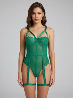 Demi Cup Bust One Piece Teddy with Snap Crotch & Leg Garters by Scandals