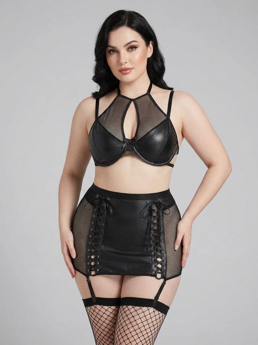 Black Faux PU Leather Mesh Garter Belt Sexy Halter Neck Lingerie Set - Edgy Sophistication & Sensual Elegance