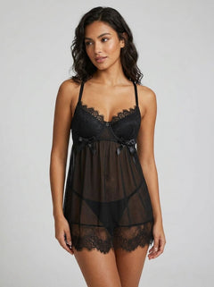 Sexy Eyelash Lace Mesh Cross Straps Push Up Nightdress
