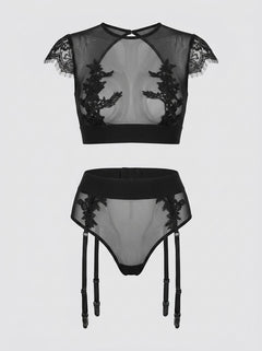 Black Sexy High Waist Elegant Embroidery Bra And Garter Panty Set