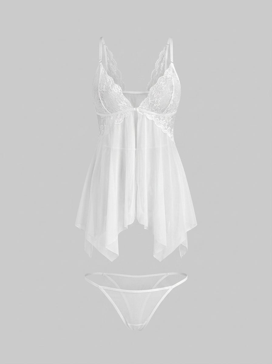 White lace stitching irregular skirt babydoll by Scandals, featuring a delicate, feminine design with lace details and flowing fabric.