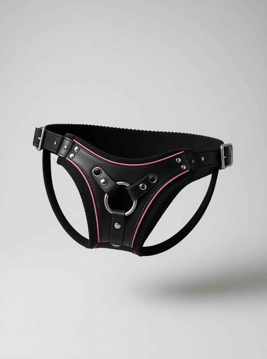 Strap U Flamingo Black & Pink Faux Leather Low Rise Strap On Harness