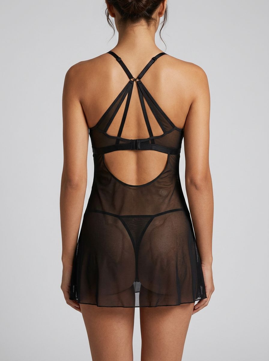 Rene Rofe New In Town chemise and G-string set, silky babydoll lingerie with lace details, on a flat white background.