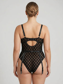 Geometric Teddy with Mesh and Chain - Bodysuit and Garter Belt by Scandals