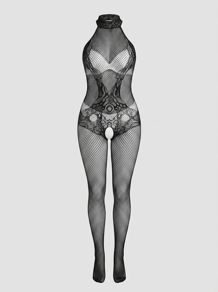 Scandals lace and fishnet turtleneck bodystocking, featuring intricate lace details and fishnet fabric, close-up view.