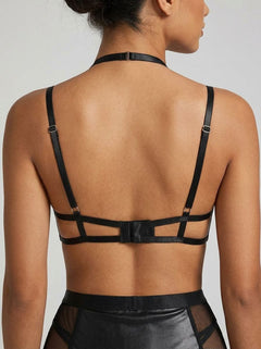 Black Faux PU Leather Mesh Garter Belt Sexy Halter Neck Lingerie Set - Edgy Sophistication & Sensual Elegance