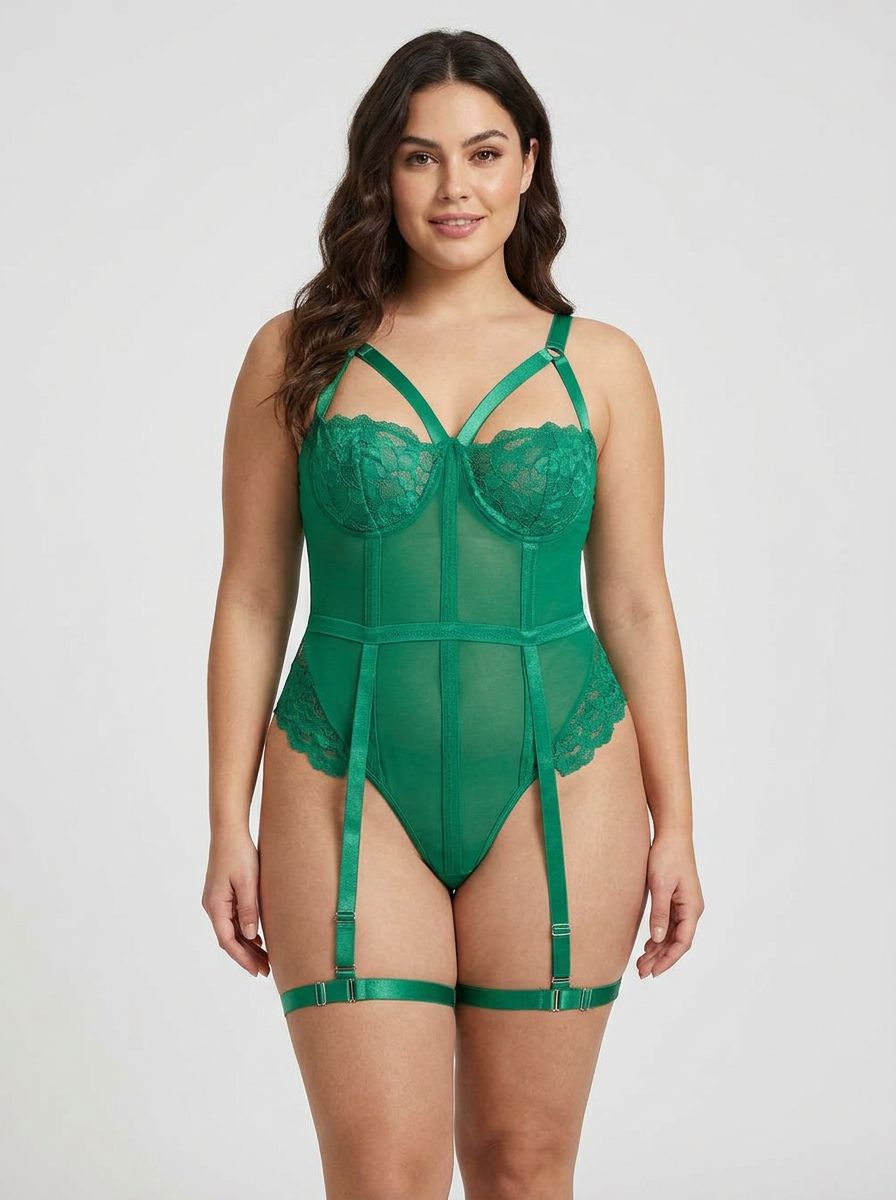 Demi cup bust one-piece teddy by Scandals Lingerie with snap crotch and adjustable leg garters, black lace details.