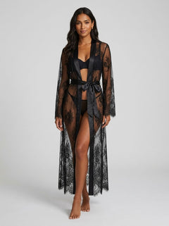 Luxurious Lace Satin Mesh Nightgown With Belt - Elegant Sleepwear For Special Occasions