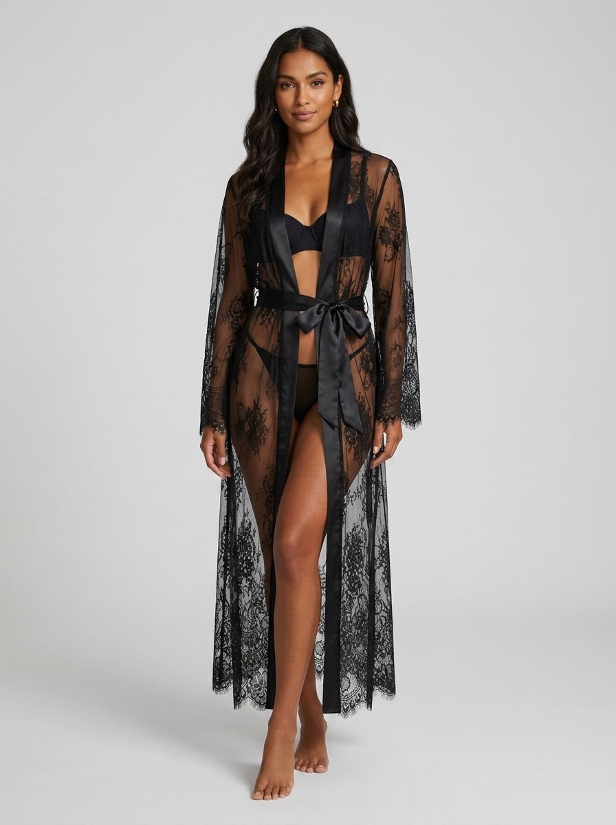 Luxurious Lace Satin Mesh Nightgown With Belt - Elegant Sleepwear For Special Occasions