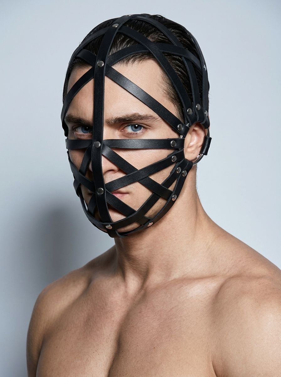 Black faux PU leather hood mask from Scandals, featuring web design and fetish style, covering the face with adjustable fit.