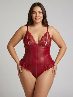 Scandals Sexy Lace Leather Stitching Zipper Teddy