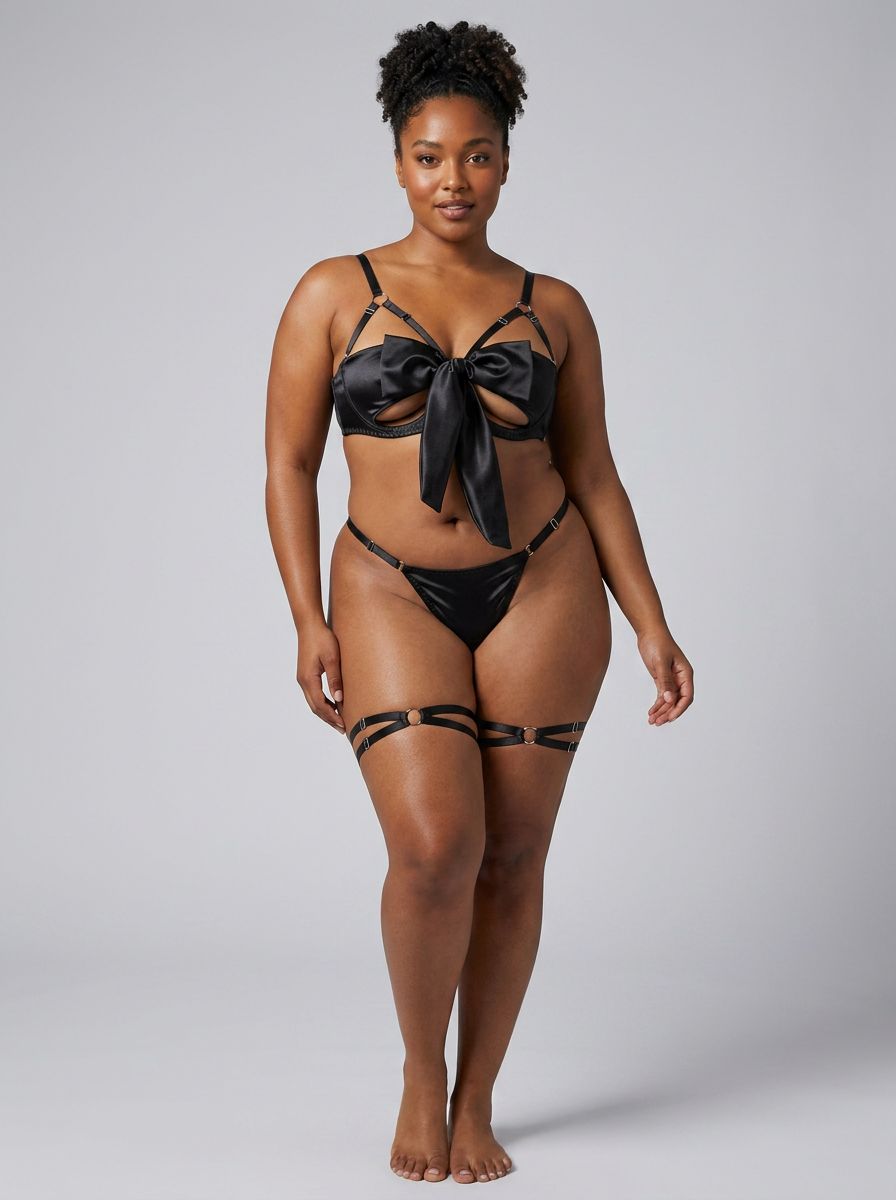 Scandals Lingerie Valentine's Day bow lingerie set with pull-away bow, featuring red and black lace and satin details.