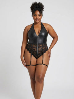 Sexy PU Leather Lace Zippered Halter Bodysuit