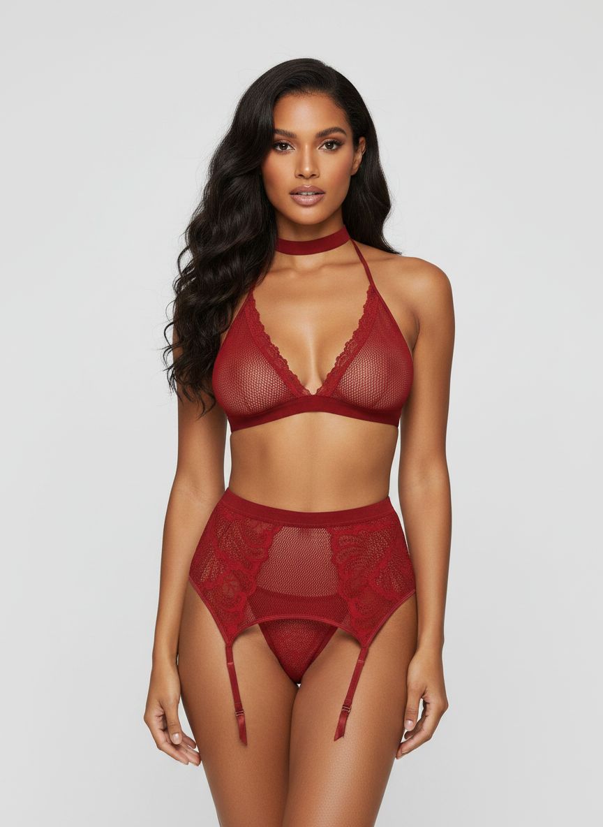 Garnet 4-Piece Bralette Set with Choker & Garters
