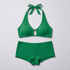 Plus Size. Vibrant Halterneck Bralette & High-Waisted Shorts Set – Assorted Colours