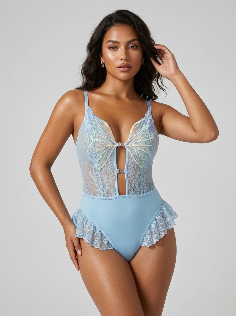 Luxury blue lace butterfly bodysuit by Scandals featuring deep V-neck and ruffled trim, designed as elegant lingerie.